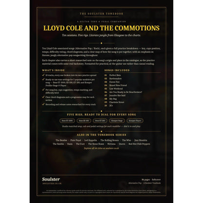 Back cover of the Lloyd Cole and the Commotions Soulster Tonebook — a dark, gold-trimmed design with the title and tagline, a 'what's inside' list, the full 10-song track list, the five modeller rigs and other titles in the Soulster Tonebook series.