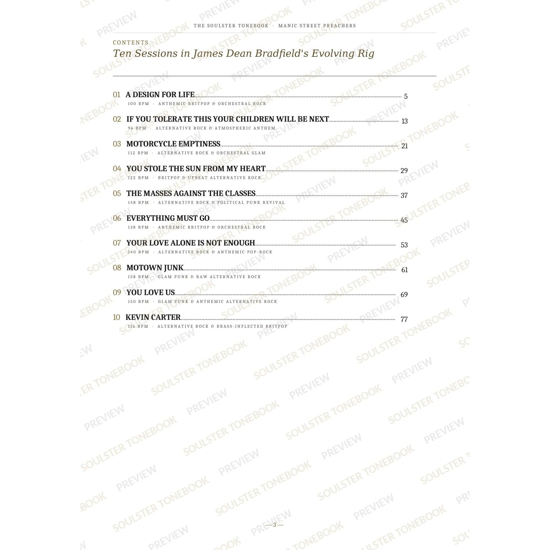 Contents page from the Manic Street Preachers Soulster Tonebook, listing all 10 songs with their tempos, genre tags and page numbers in a gold-and-black serif layout. A faint diagonal 'Soulster Tonebook · Preview' watermark repeats across the page.