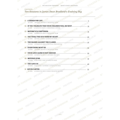 Contents page from the Manic Street Preachers Soulster Tonebook, listing all 10 songs with their tempos, genre tags and page numbers in a gold-and-black serif layout. A faint diagonal 'Soulster Tonebook · Preview' watermark repeats across the page.