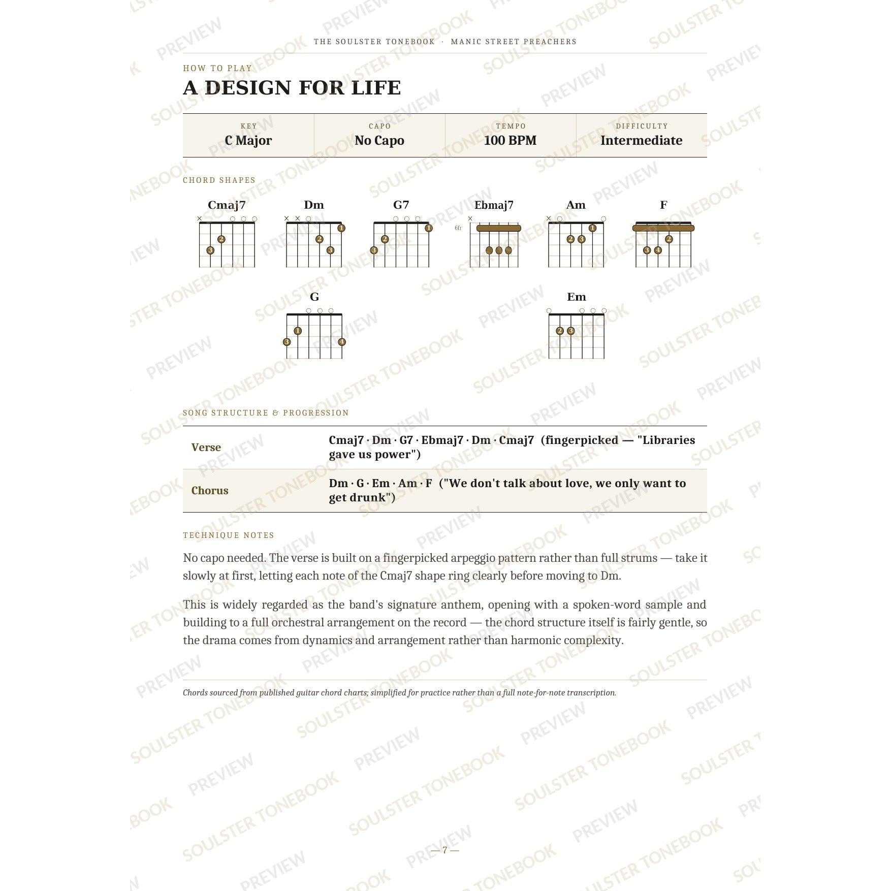 How-to-play page for 'A Design for Life' by Manic Street Preachers, showing the key, capo, tempo and difficulty, printed chord-shape diagrams, a song-structure and chord-progression breakdown and technique notes — chord charts only, no lyrics or notation. A faint diagonal 'Soulster Tonebook · Preview' watermark repeats across the page.