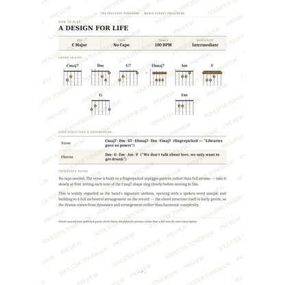How-to-play page for 'A Design for Life' by Manic Street Preachers, showing the key, capo, tempo and difficulty, printed chord-shape diagrams, a song-structure and chord-progression breakdown and technique notes — chord charts only, no lyrics or notation. A faint diagonal 'Soulster Tonebook · Preview' watermark repeats across the page.