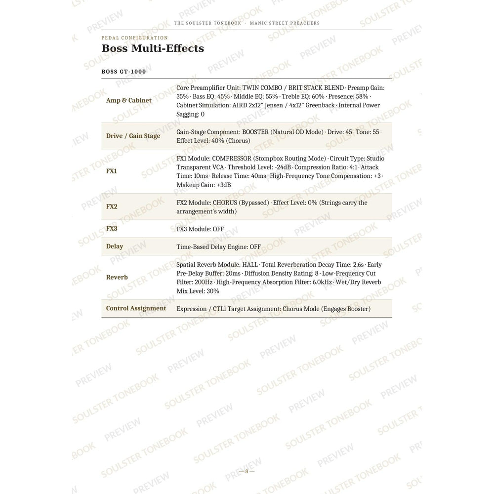 Boss GT-1000 pedal-settings page for 'A Design for Life' in the Manic Street Preachers Soulster Tonebook, giving parameter-by-parameter amp, cabinet, drive, FX, delay and reverb values in a two-column table. A faint diagonal 'Soulster Tonebook · Preview' watermark repeats across the page.