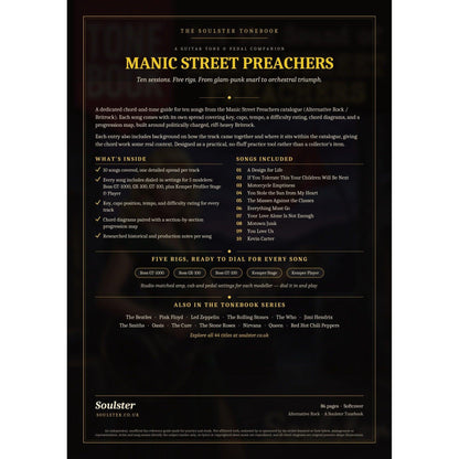 Back cover of the Manic Street Preachers Soulster Tonebook — a dark, gold-trimmed design with the title and tagline, a 'what's inside' list, the full 10-song track list, the five modeller rigs and other titles in the Soulster Tonebook series.