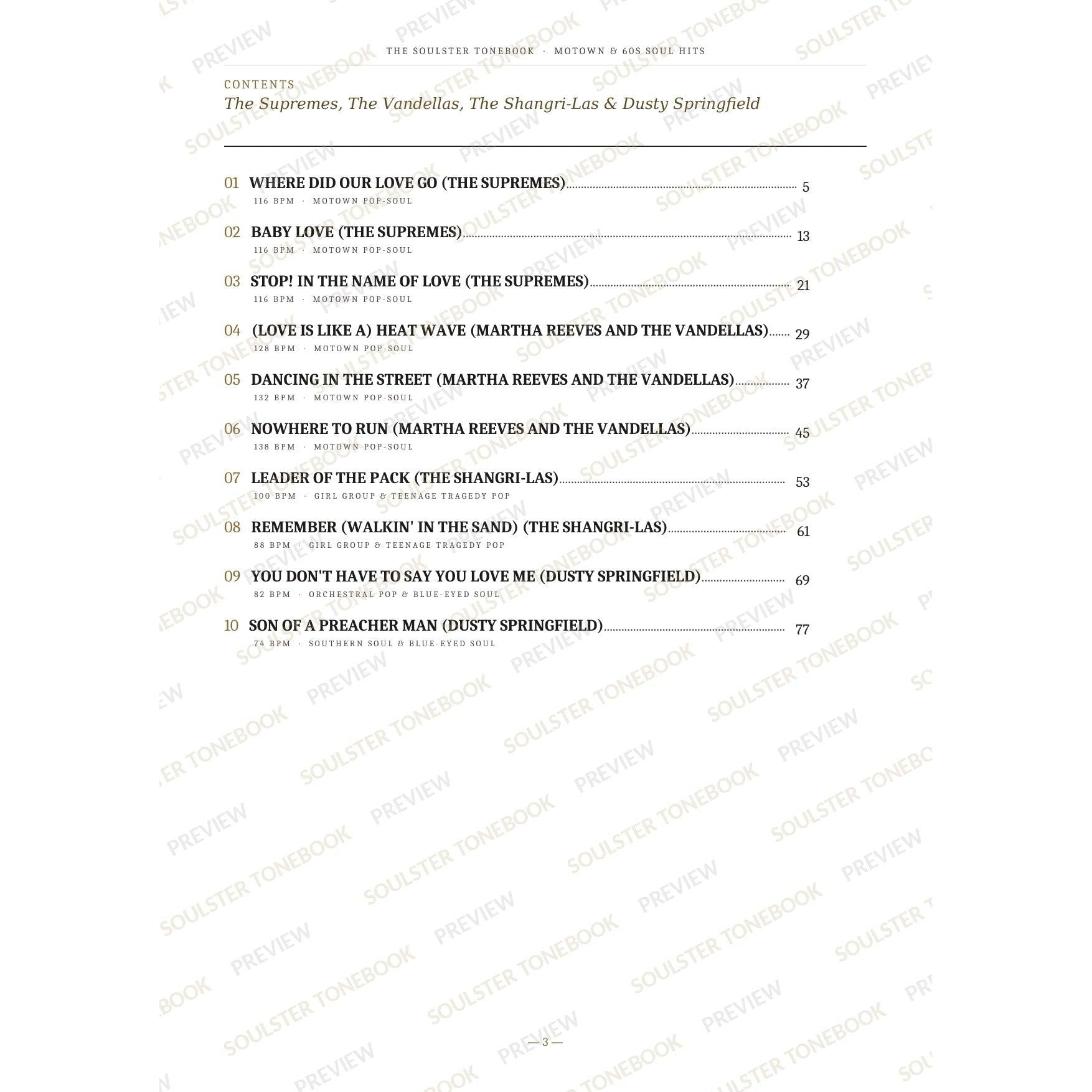Contents page from the Motown & 60s Soul Hits Soulster Tonebook, listing all 10 songs with their tempos, genre tags and page numbers in a gold-and-black serif layout. A faint diagonal 'Soulster Tonebook · Preview' watermark repeats across the page.