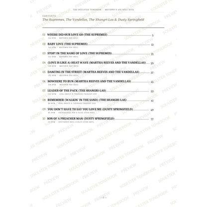 Contents page from the Motown & 60s Soul Hits Soulster Tonebook, listing all 10 songs with their tempos, genre tags and page numbers in a gold-and-black serif layout. A faint diagonal 'Soulster Tonebook · Preview' watermark repeats across the page.