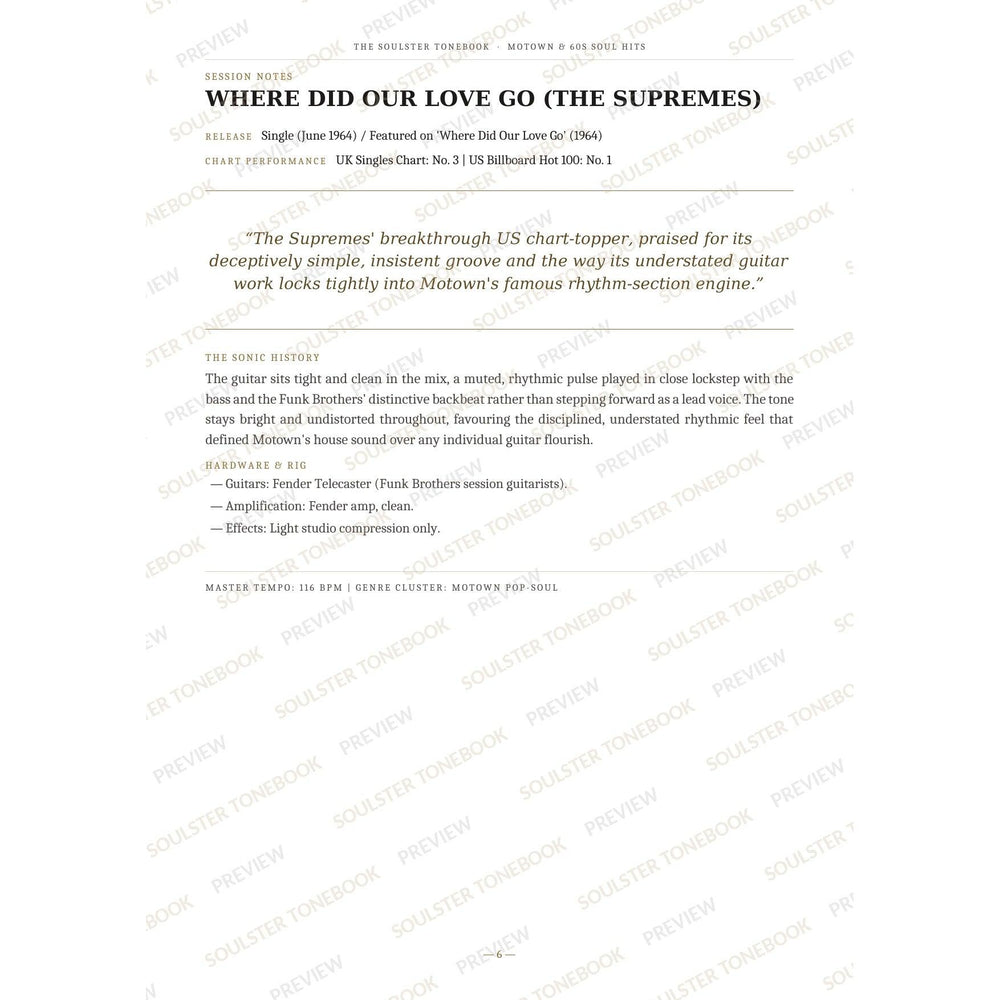 Session-notes page for 'Where Did Our Love Go (the Supremes)' in the Motown & 60s Soul Hits Soulster Tonebook, with the track's release and chart history, a summary quote, a short 'sonic history' write-up and the hardware and rig used. A faint diagonal 'Soulster Tonebook · Preview' watermark repeats across the page.