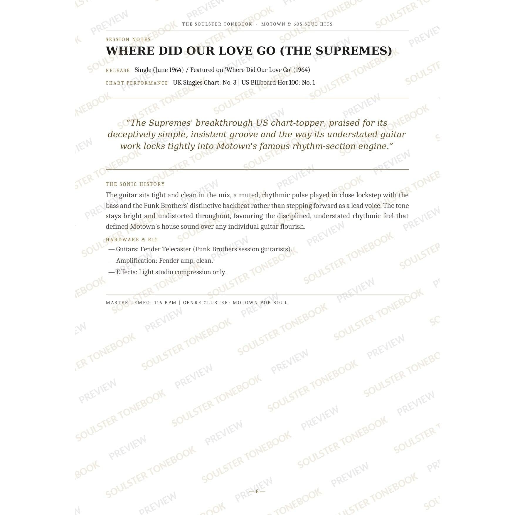 Session-notes page for 'Where Did Our Love Go (the Supremes)' in the Motown & 60s Soul Hits Soulster Tonebook, with the track's release and chart history, a summary quote, a short 'sonic history' write-up and the hardware and rig used. A faint diagonal 'Soulster Tonebook · Preview' watermark repeats across the page.