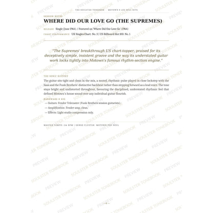 Session-notes page for 'Where Did Our Love Go (the Supremes)' in the Motown & 60s Soul Hits Soulster Tonebook, with the track's release and chart history, a summary quote, a short 'sonic history' write-up and the hardware and rig used. A faint diagonal 'Soulster Tonebook · Preview' watermark repeats across the page.