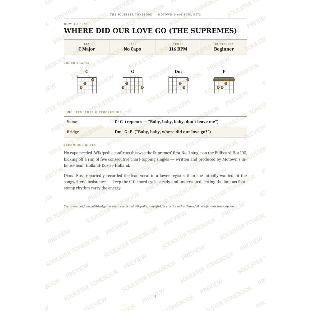 How-to-play page for 'Where Did Our Love Go (the Supremes)' by Motown & 60s Soul Hits, showing the key, capo, tempo and difficulty, printed chord-shape diagrams, a song-structure and chord-progression breakdown and technique notes — chord charts only, no lyrics or notation. A faint diagonal 'Soulster Tonebook · Preview' watermark repeats across the page.