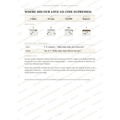 How-to-play page for 'Where Did Our Love Go (the Supremes)' by Motown & 60s Soul Hits, showing the key, capo, tempo and difficulty, printed chord-shape diagrams, a song-structure and chord-progression breakdown and technique notes — chord charts only, no lyrics or notation. A faint diagonal 'Soulster Tonebook · Preview' watermark repeats across the page.