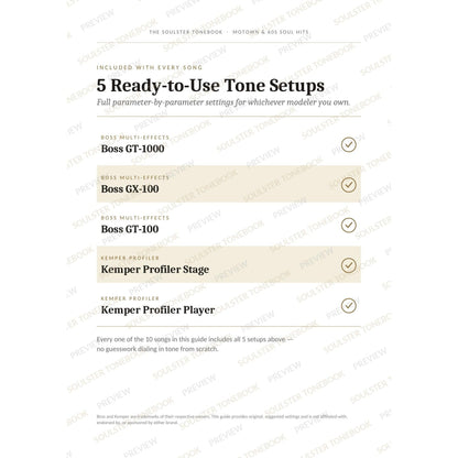 '5 Ready-to-Use Tone Setups' page from the Motown & 60s Soul Hits Soulster Tonebook, listing the five included modeller rigs — Boss GT-1000, GX-100 and GT-100 and the Kemper Profiler Stage and Player — each marked with a gold tick. A faint diagonal 'Soulster Tonebook · Preview' watermark repeats across the page.