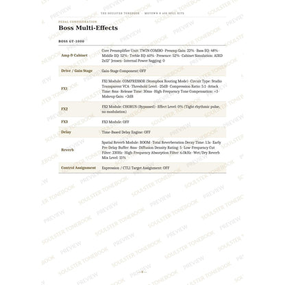 Boss GT-1000 pedal-settings page for 'Where Did Our Love Go (the Supremes)' in the Motown & 60s Soul Hits Soulster Tonebook, giving parameter-by-parameter amp, cabinet, drive, FX, delay and reverb values in a two-column table. A faint diagonal 'Soulster Tonebook · Preview' watermark repeats across the page.