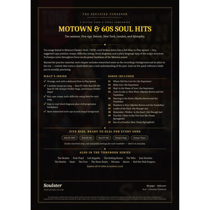 Back cover of the Motown & 60s Soul Hits Soulster Tonebook — a dark, gold-trimmed design with the title and tagline, a 'what's inside' list, the full 10-song track list, the five modeller rigs and other titles in the Soulster Tonebook series.