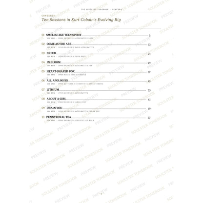 Contents page from the Nirvana Soulster Tonebook, listing all 10 songs with their tempos, genre tags and page numbers in a gold-and-black serif layout. A faint diagonal 'Soulster Tonebook · Preview' watermark repeats across the page.