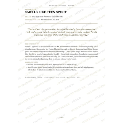 Session-notes page for 'Smells Like Teen Spirit' in the Nirvana Soulster Tonebook, with the track's release and chart history, a summary quote, a short 'sonic history' write-up and the hardware and rig used. A faint diagonal 'Soulster Tonebook · Preview' watermark repeats across the page.