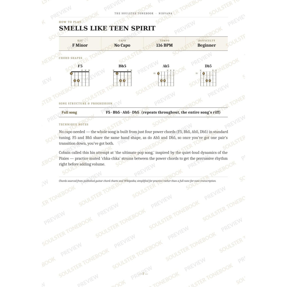 How-to-play page for 'Smells Like Teen Spirit' by Nirvana, showing the key, capo, tempo and difficulty, printed chord-shape diagrams, a song-structure and chord-progression breakdown and technique notes — chord charts only, no lyrics or notation. A faint diagonal 'Soulster Tonebook · Preview' watermark repeats across the page.