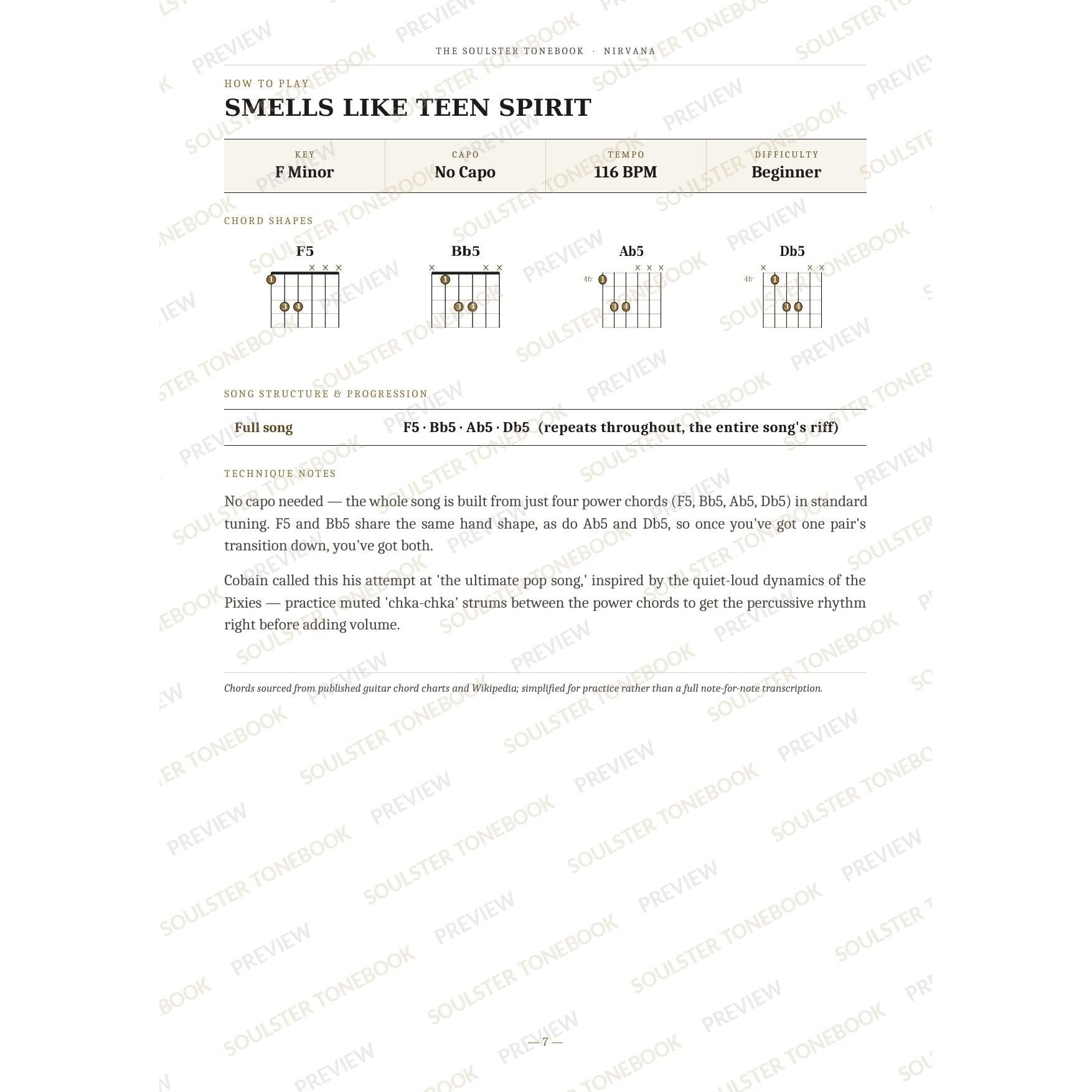 How-to-play page for 'Smells Like Teen Spirit' by Nirvana, showing the key, capo, tempo and difficulty, printed chord-shape diagrams, a song-structure and chord-progression breakdown and technique notes — chord charts only, no lyrics or notation. A faint diagonal 'Soulster Tonebook · Preview' watermark repeats across the page.