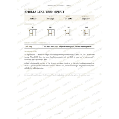 How-to-play page for 'Smells Like Teen Spirit' by Nirvana, showing the key, capo, tempo and difficulty, printed chord-shape diagrams, a song-structure and chord-progression breakdown and technique notes — chord charts only, no lyrics or notation. A faint diagonal 'Soulster Tonebook · Preview' watermark repeats across the page.