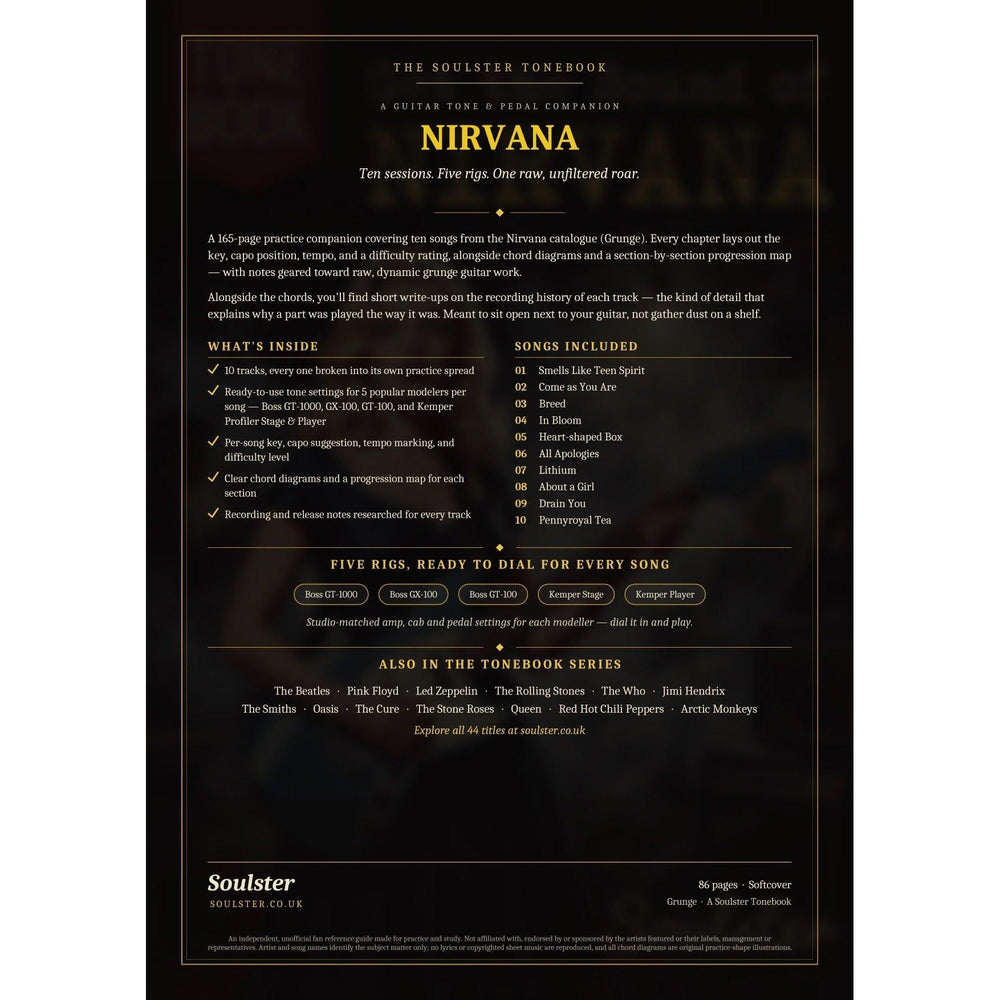 Back cover of the Nirvana Soulster Tonebook — a dark, gold-trimmed design with the title and tagline, a 'what's inside' list, the full 10-song track list, the five modeller rigs and other titles in the Soulster Tonebook series.
