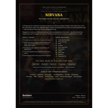 Back cover of the Nirvana Soulster Tonebook — a dark, gold-trimmed design with the title and tagline, a 'what's inside' list, the full 10-song track list, the five modeller rigs and other titles in the Soulster Tonebook series.