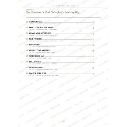 Contents page from the Oasis Soulster Tonebook, listing all 10 songs with their tempos, genre tags and page numbers in a gold-and-black serif layout. A faint diagonal 'Soulster Tonebook · Preview' watermark repeats across the page.