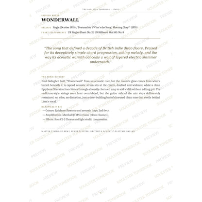 Session-notes page for 'Wonderwall' in the Oasis Soulster Tonebook, with the track's release and chart history, a summary quote, a short 'sonic history' write-up and the hardware and rig used. A faint diagonal 'Soulster Tonebook · Preview' watermark repeats across the page.