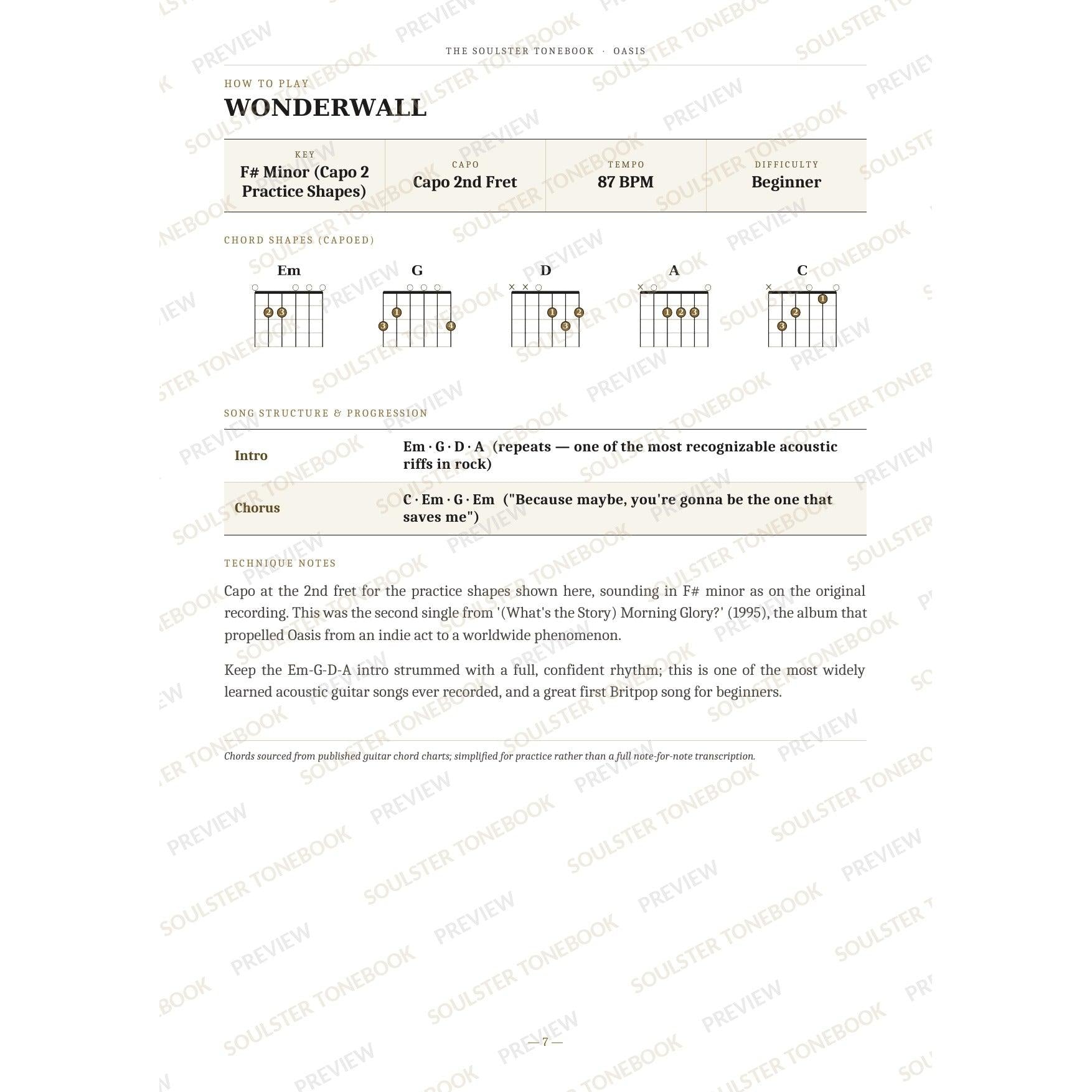 How-to-play page for 'Wonderwall' by Oasis, showing the key, capo, tempo and difficulty, printed chord-shape diagrams, a song-structure and chord-progression breakdown and technique notes — chord charts only, no lyrics or notation. A faint diagonal 'Soulster Tonebook · Preview' watermark repeats across the page.