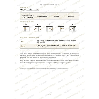 How-to-play page for 'Wonderwall' by Oasis, showing the key, capo, tempo and difficulty, printed chord-shape diagrams, a song-structure and chord-progression breakdown and technique notes — chord charts only, no lyrics or notation. A faint diagonal 'Soulster Tonebook · Preview' watermark repeats across the page.