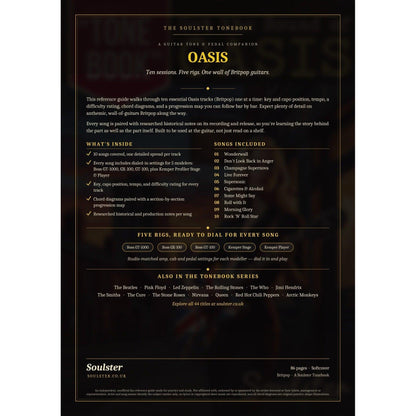 Back cover of the Oasis Soulster Tonebook — a dark, gold-trimmed design with the title and tagline, a 'what's inside' list, the full 10-song track list, the five modeller rigs and other titles in the Soulster Tonebook series.