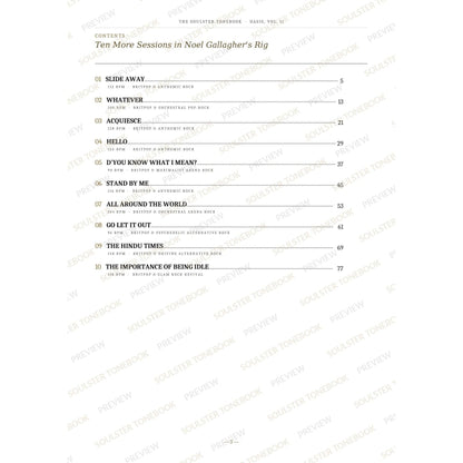 Contents page from the Oasis, Vol. II Soulster Tonebook, listing all 10 songs with their tempos, genre tags and page numbers in a gold-and-black serif layout. A faint diagonal 'Soulster Tonebook · Preview' watermark repeats across the page.