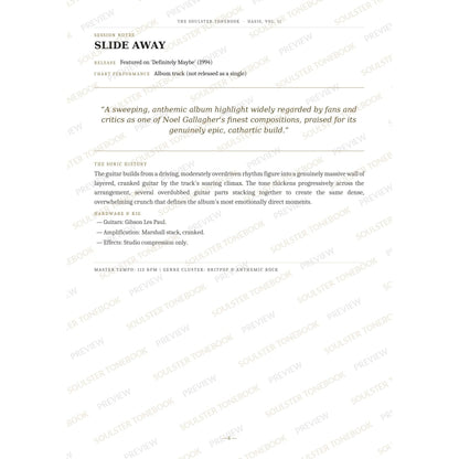 Session-notes page for 'Slide Away' in the Oasis, Vol. II Soulster Tonebook, with the track's release and chart history, a summary quote, a short 'sonic history' write-up and the hardware and rig used. A faint diagonal 'Soulster Tonebook · Preview' watermark repeats across the page.