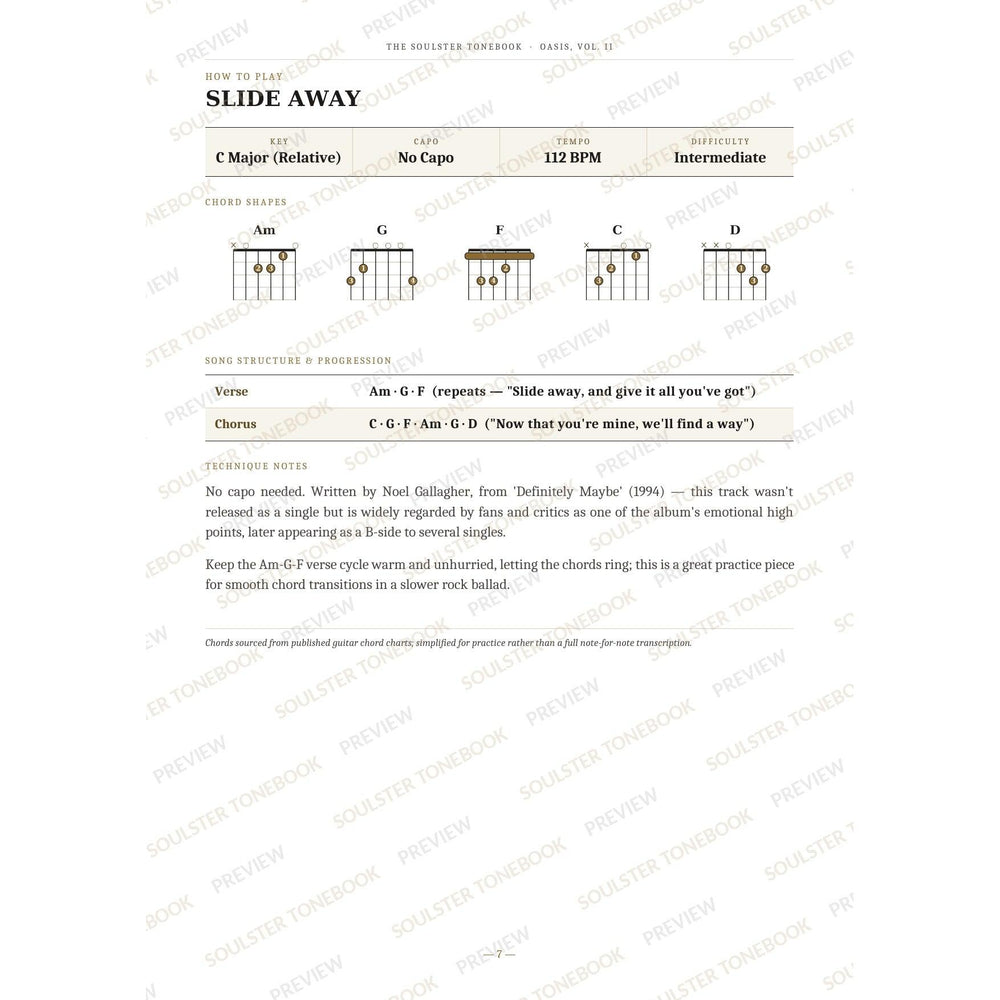 How-to-play page for 'Slide Away' by Oasis, showing the key, capo, tempo and difficulty, printed chord-shape diagrams, a song-structure and chord-progression breakdown and technique notes — chord charts only, no lyrics or notation. A faint diagonal 'Soulster Tonebook · Preview' watermark repeats across the page.
