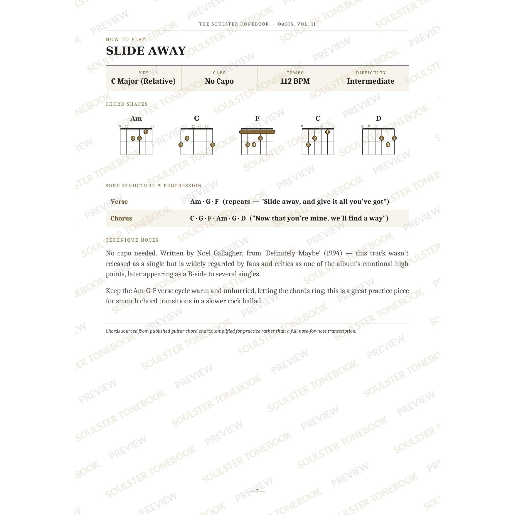 How-to-play page for 'Slide Away' by Oasis, showing the key, capo, tempo and difficulty, printed chord-shape diagrams, a song-structure and chord-progression breakdown and technique notes — chord charts only, no lyrics or notation. A faint diagonal 'Soulster Tonebook · Preview' watermark repeats across the page.