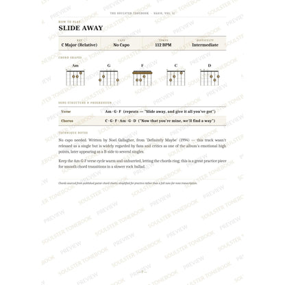 How-to-play page for 'Slide Away' by Oasis, showing the key, capo, tempo and difficulty, printed chord-shape diagrams, a song-structure and chord-progression breakdown and technique notes — chord charts only, no lyrics or notation. A faint diagonal 'Soulster Tonebook · Preview' watermark repeats across the page.