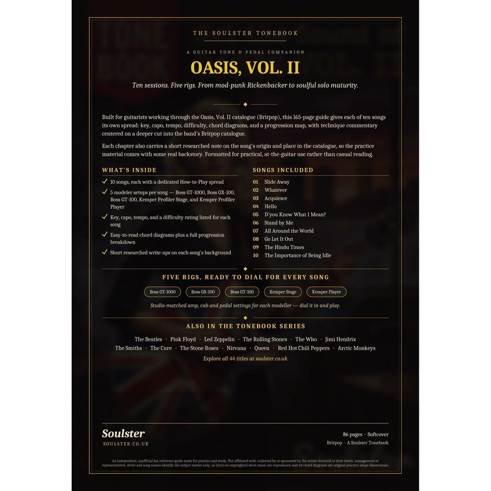 Back cover of the Oasis, Vol. II Soulster Tonebook — a dark, gold-trimmed design with the title and tagline, a 'what's inside' list, the full 10-song track list, the five modeller rigs and other titles in the Soulster Tonebook series.