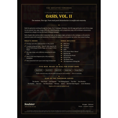 Back cover of the Oasis, Vol. II Soulster Tonebook — a dark, gold-trimmed design with the title and tagline, a 'what's inside' list, the full 10-song track list, the five modeller rigs and other titles in the Soulster Tonebook series.