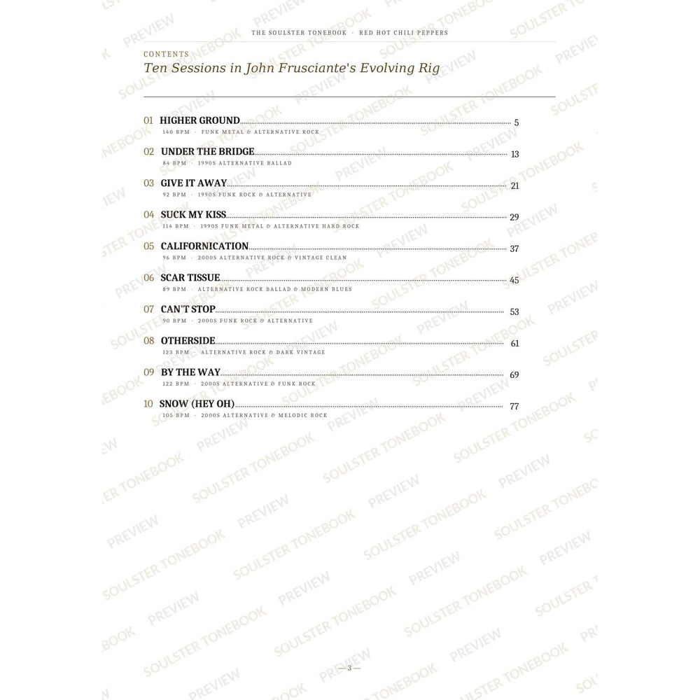 Contents page from the Red Hot Chili Peppers Soulster Tonebook, listing all 10 songs with their tempos, genre tags and page numbers in a gold-and-black serif layout. A faint diagonal 'Soulster Tonebook · Preview' watermark repeats across the page.