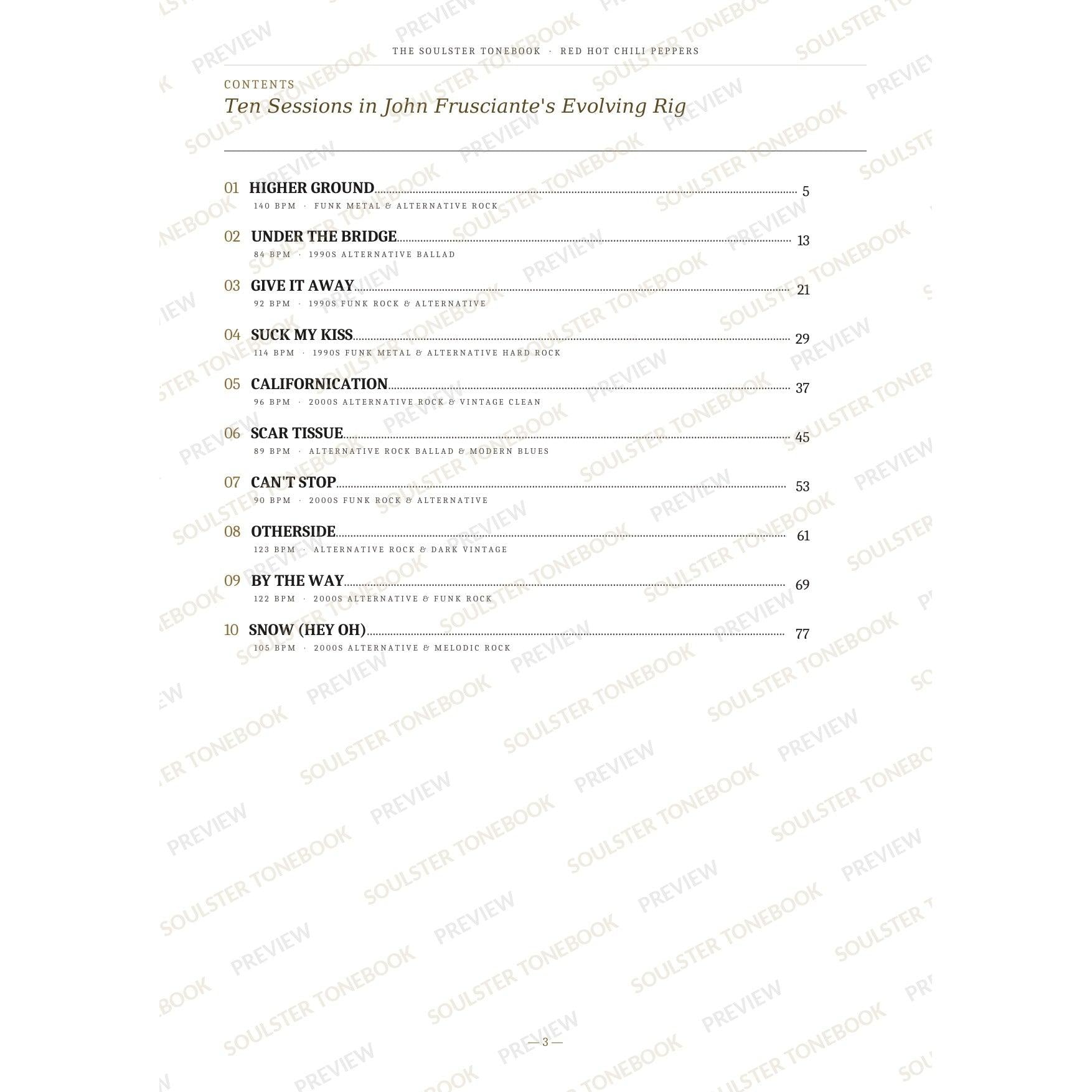 Contents page from the Red Hot Chili Peppers Soulster Tonebook, listing all 10 songs with their tempos, genre tags and page numbers in a gold-and-black serif layout. A faint diagonal 'Soulster Tonebook · Preview' watermark repeats across the page.