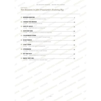 Contents page from the Red Hot Chili Peppers Soulster Tonebook, listing all 10 songs with their tempos, genre tags and page numbers in a gold-and-black serif layout. A faint diagonal 'Soulster Tonebook · Preview' watermark repeats across the page.