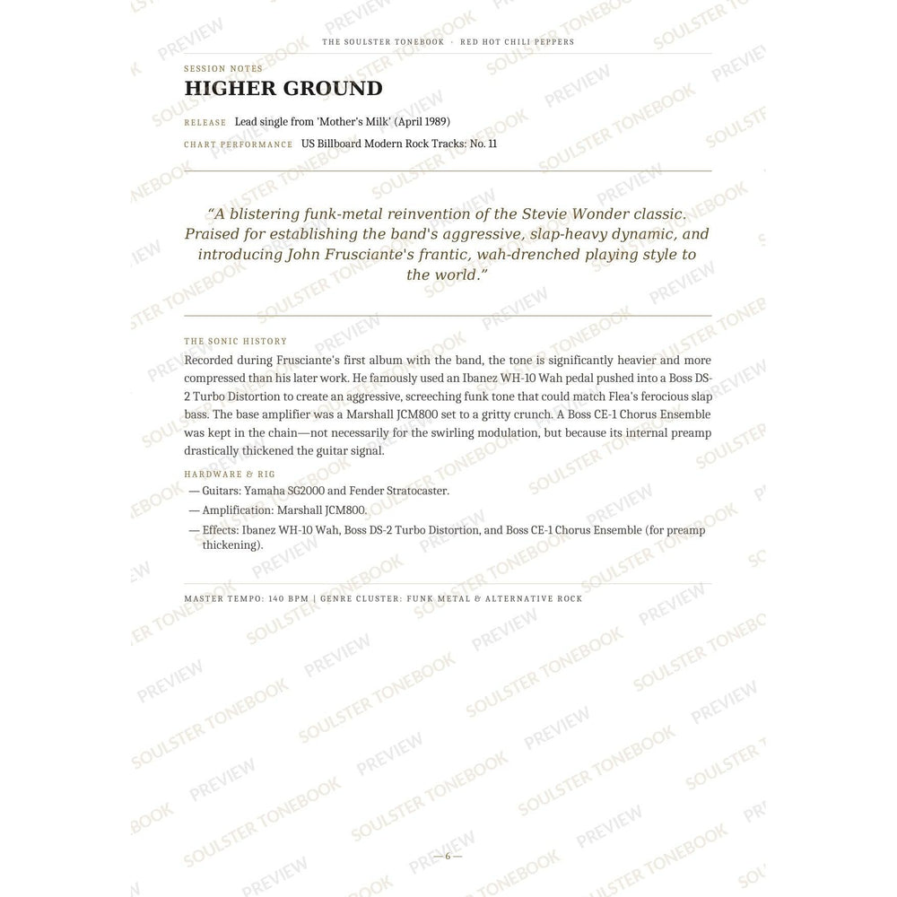 Session-notes page for 'Higher Ground' in the Red Hot Chili Peppers Soulster Tonebook, with the track's release and chart history, a summary quote, a short 'sonic history' write-up and the hardware and rig used. A faint diagonal 'Soulster Tonebook · Preview' watermark repeats across the page.