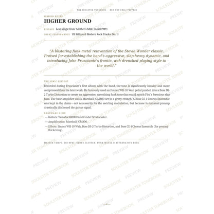 Session-notes page for 'Higher Ground' in the Red Hot Chili Peppers Soulster Tonebook, with the track's release and chart history, a summary quote, a short 'sonic history' write-up and the hardware and rig used. A faint diagonal 'Soulster Tonebook · Preview' watermark repeats across the page.