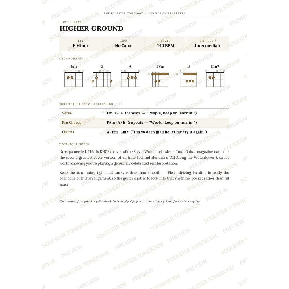 How-to-play page for 'Higher Ground' by Red Hot Chili Peppers, showing the key, capo, tempo and difficulty, printed chord-shape diagrams, a song-structure and chord-progression breakdown and technique notes — chord charts only, no lyrics or notation. A faint diagonal 'Soulster Tonebook · Preview' watermark repeats across the page.