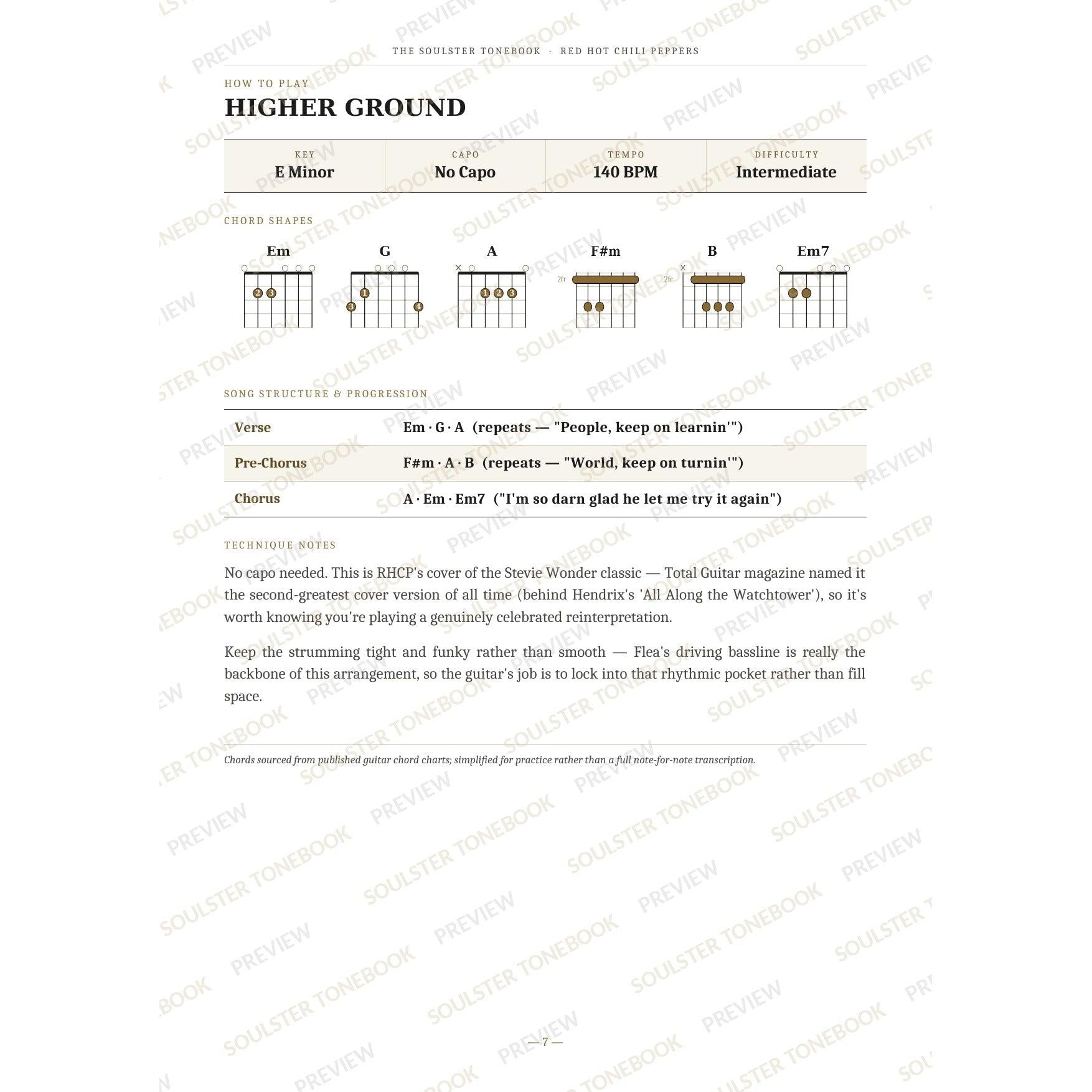 How-to-play page for 'Higher Ground' by Red Hot Chili Peppers, showing the key, capo, tempo and difficulty, printed chord-shape diagrams, a song-structure and chord-progression breakdown and technique notes — chord charts only, no lyrics or notation. A faint diagonal 'Soulster Tonebook · Preview' watermark repeats across the page.