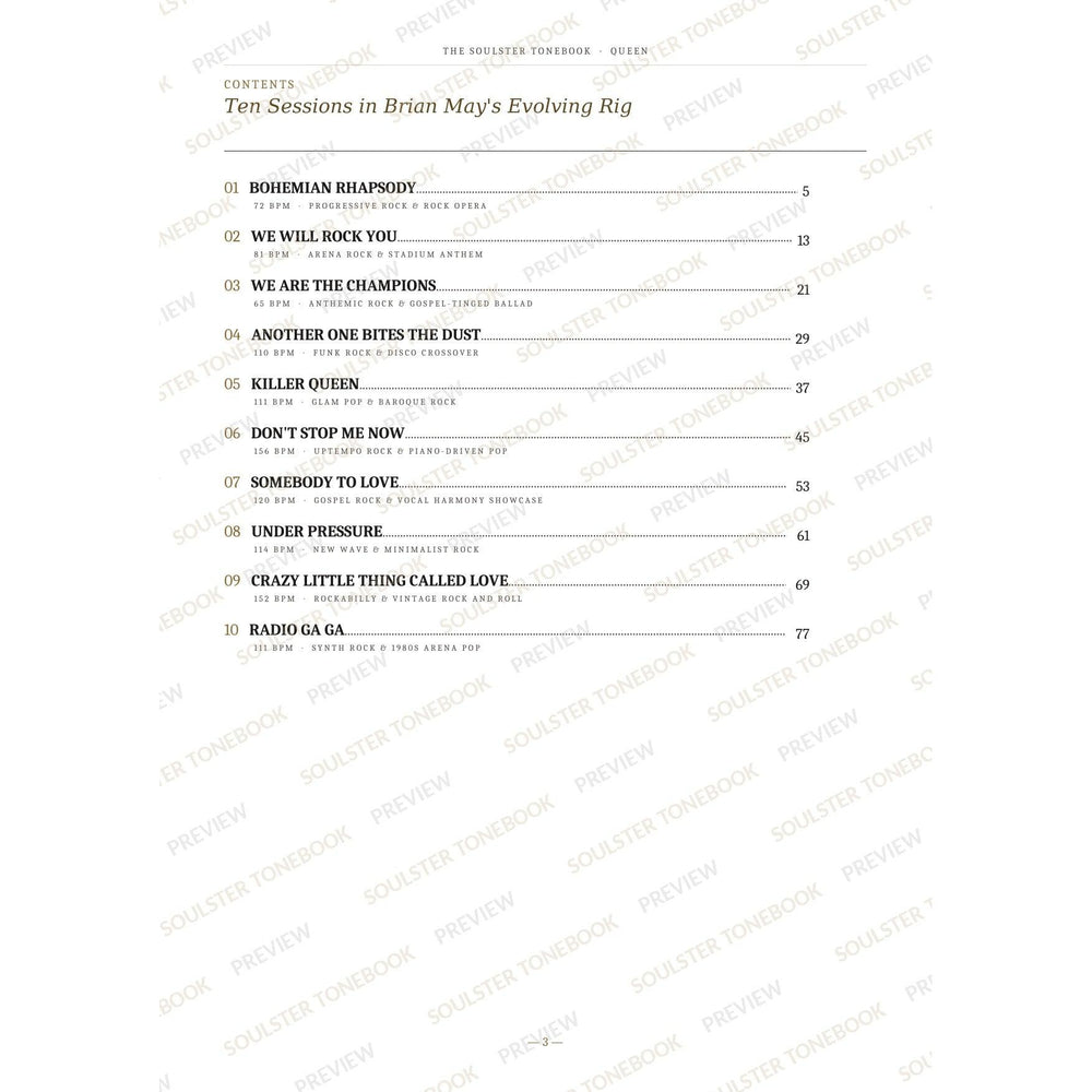 Contents page from the Queen Soulster Tonebook, listing all 10 songs with their tempos, genre tags and page numbers in a gold-and-black serif layout. A faint diagonal 'Soulster Tonebook · Preview' watermark repeats across the page.