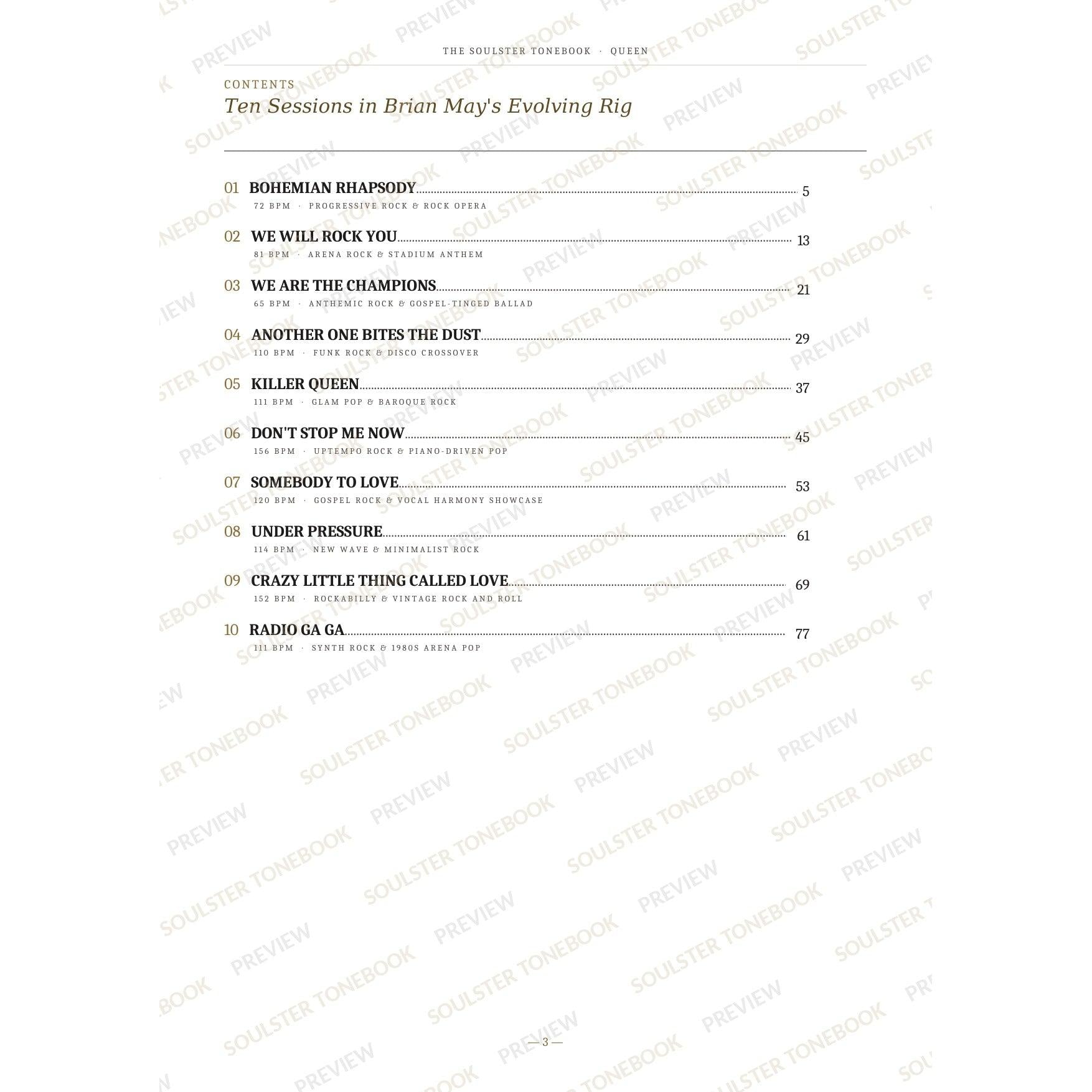 Contents page from the Queen Soulster Tonebook, listing all 10 songs with their tempos, genre tags and page numbers in a gold-and-black serif layout. A faint diagonal 'Soulster Tonebook · Preview' watermark repeats across the page.