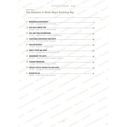 Contents page from the Queen Soulster Tonebook, listing all 10 songs with their tempos, genre tags and page numbers in a gold-and-black serif layout. A faint diagonal 'Soulster Tonebook · Preview' watermark repeats across the page.