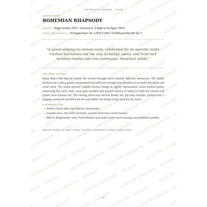 Session-notes page for 'Bohemian Rhapsody' in the Queen Soulster Tonebook, with the track's release and chart history, a summary quote, a short 'sonic history' write-up and the hardware and rig used. A faint diagonal 'Soulster Tonebook · Preview' watermark repeats across the page.