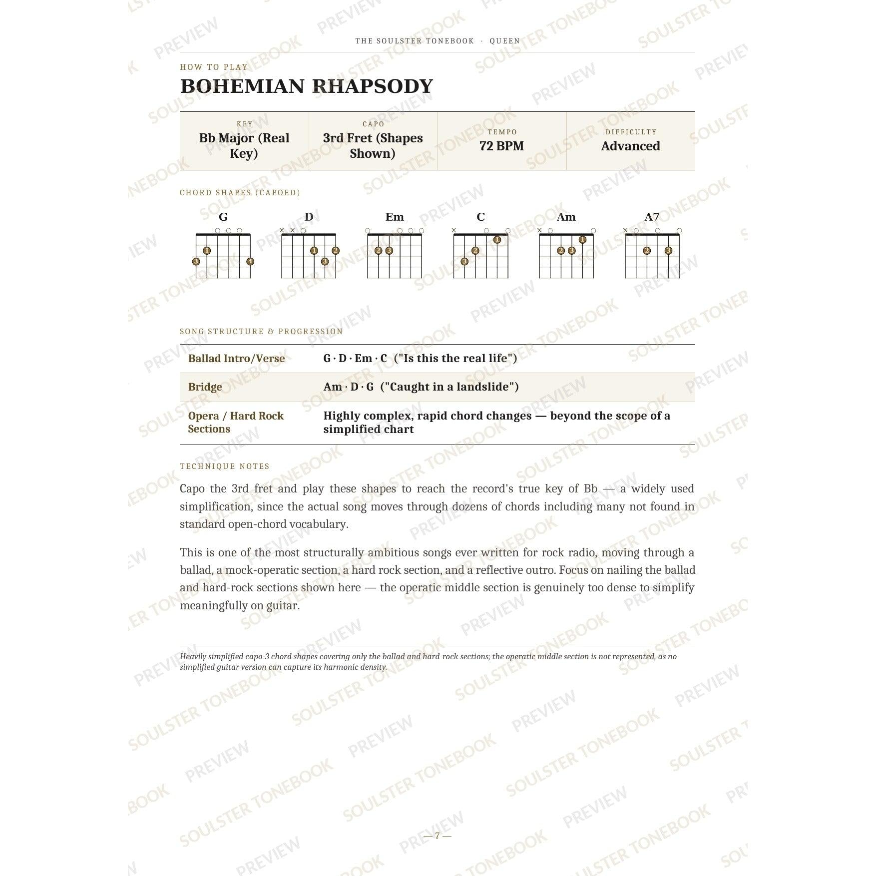 How-to-play page for 'Bohemian Rhapsody' by Queen, showing the key, capo, tempo and difficulty, printed chord-shape diagrams, a song-structure and chord-progression breakdown and technique notes — chord charts only, no lyrics or notation. A faint diagonal 'Soulster Tonebook · Preview' watermark repeats across the page.