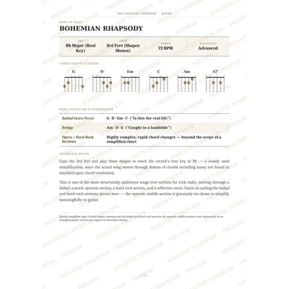 How-to-play page for 'Bohemian Rhapsody' by Queen, showing the key, capo, tempo and difficulty, printed chord-shape diagrams, a song-structure and chord-progression breakdown and technique notes — chord charts only, no lyrics or notation. A faint diagonal 'Soulster Tonebook · Preview' watermark repeats across the page.