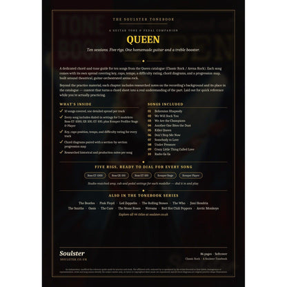 Back cover of the Queen Soulster Tonebook — a dark, gold-trimmed design with the title and tagline, a 'what's inside' list, the full 10-song track list, the five modeller rigs and other titles in the Soulster Tonebook series.